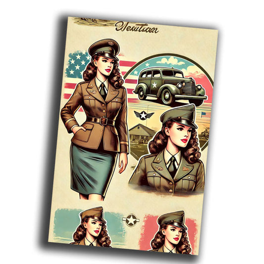illustration of a 1940s woman in a military uniform vintage retro WW2 Photo Glossy 4*6 in C001