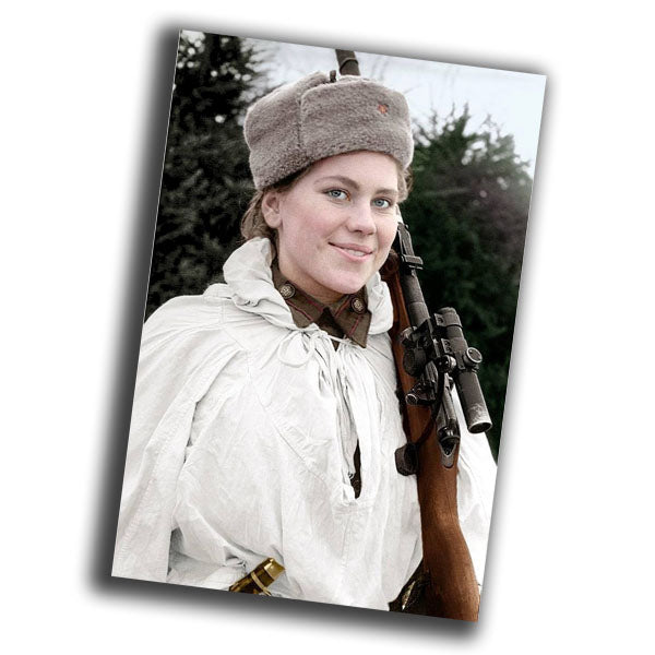 Soviet woman sniper with rifle winter camouflage from the 1940s WW2 Photo Glossy 4*6 in C037