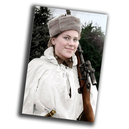 Soviet woman sniper with rifle winter camouflage from the 1940s WW2 Photo Glossy 4*6 in C037