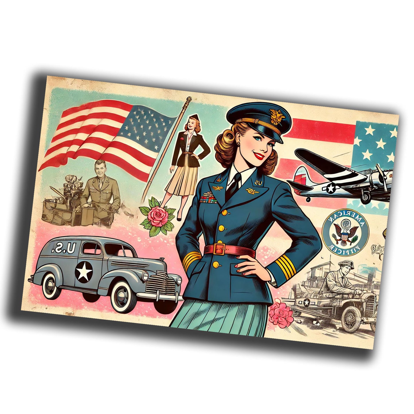 retro pin-up style illustration of a vintage 1940s U.S. woman officer WW2 Photo Glossy 4*6 in C005