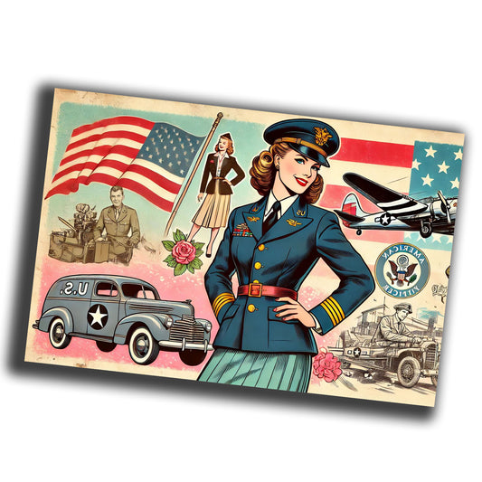 retro pin-up style illustration of a vintage 1940s U.S. woman officer WW2 Photo Glossy 4*6 in C005