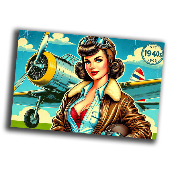 retro pin-up style illustration of a vintage woman pilot from the 1940s WW2 Photo Glossy 4*6 in D001