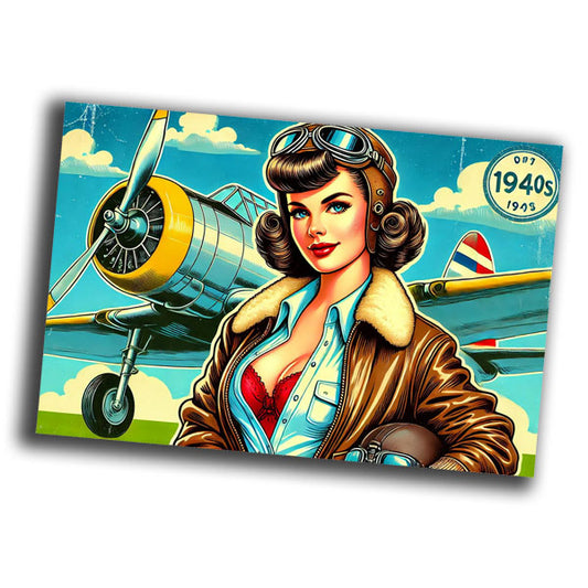 retro pin-up style illustration of a vintage woman pilot from the 1940s WW2 Photo Glossy 4*6 in D001