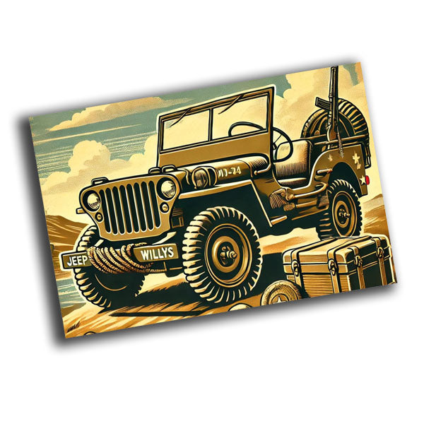 retro vintage illustration of a classic World War II-era Jeep Willys Photo Glossy 4*6 in F009