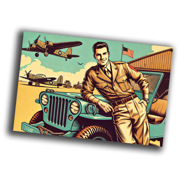 retro vintage illustration of a classic World War II-era Jeep Willys Photo Glossy 4*6 in F010