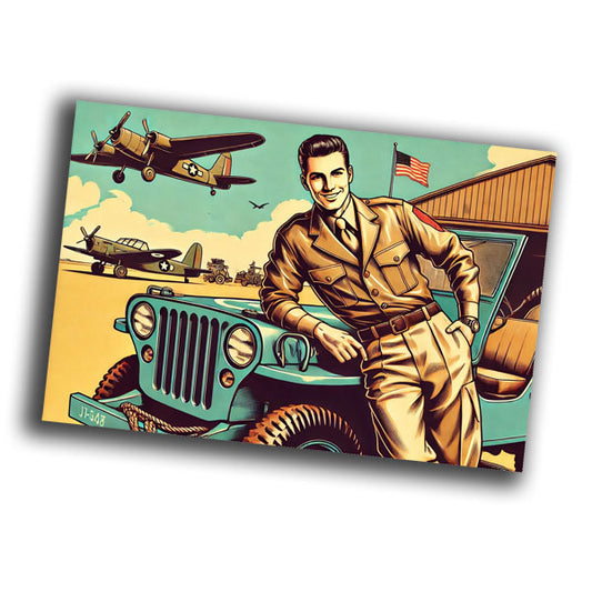 retro vintage illustration of a classic World War II-era Jeep Willys Photo Glossy 4*6 in F010