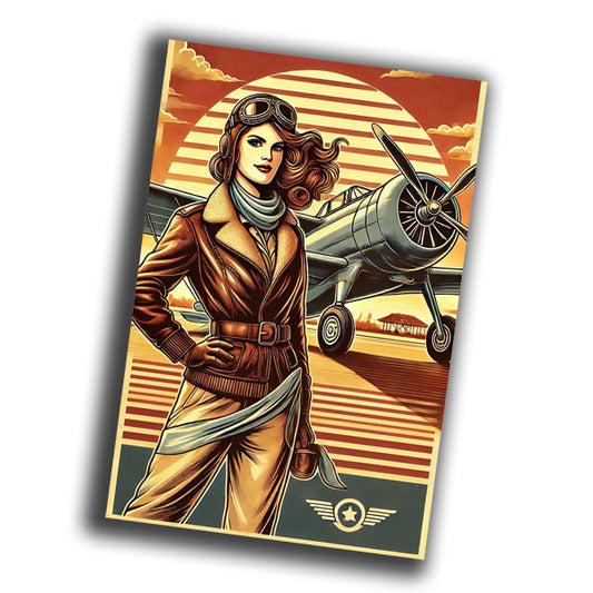 retro vintage illustration of a heroic woman pilot from the 1940s Photo Glossy 4*6 in F015