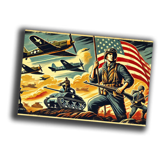 heroic soldier holding a flag in the foreground World War II Photo Glossy 4*6 in F030