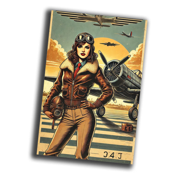 retro vintage pin-up style illustration of a glamorous woman pilot from the 1940s WW2 Photo Glossy 4*6 in G001