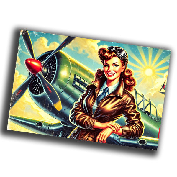 retro vintage pin-up style illustration of a glamorous woman pilot from the 1940s WW2 Photo Glossy 4*6 in G002