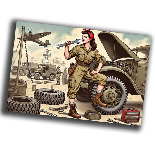 vintage-style illustration of a classic military woman mechanic WW2 Photo Glossy 4*6 in I012