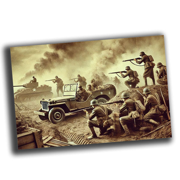 soldiers in classic military uniforms of the era, amidst a battlefield WW2 Photo Glossy 4*6 in K001
