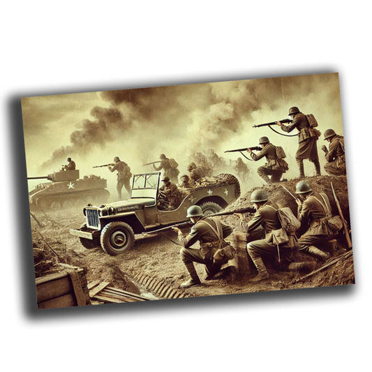 soldiers in classic military uniforms of the era, amidst a battlefield WW2 Photo Glossy 4*6 in K001