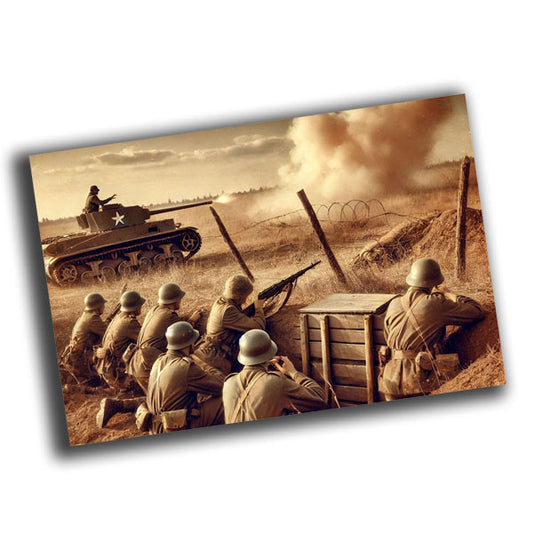 soldiers in classic military uniforms of the era, amidst a battlefield WW2 Photo Glossy 4*6 in K002