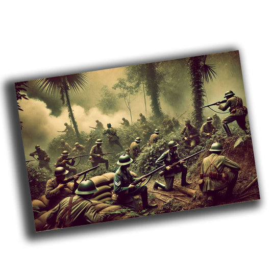 soldiers in classic military uniforms of the era, amidst a battlefield WW2 Photo Glossy 4*6 in K003