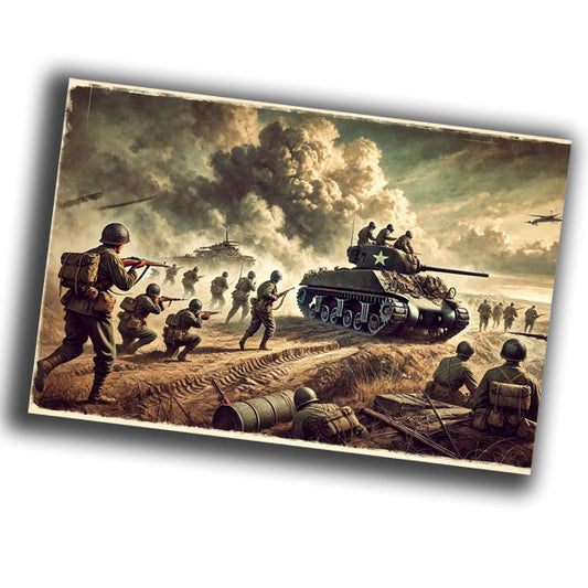 vintage-style military art illustration depicting a dramatic battlefield WW2 Photo Glossy 4*6 in K013