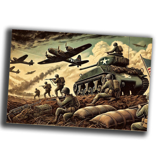 vintage-style military art illustration depicting a dramatic battlefield WW2 Photo Glossy 4*6 in K015